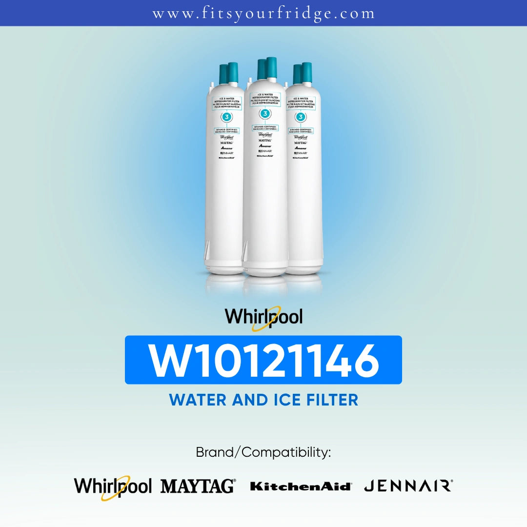 Three white Whirlpool W10121146 water and ice filter bottles with teal caps, shown on a light blue gradient background with the Whirlpool logo and compatibility text for Maytag, KitchenAid, and Jennair.