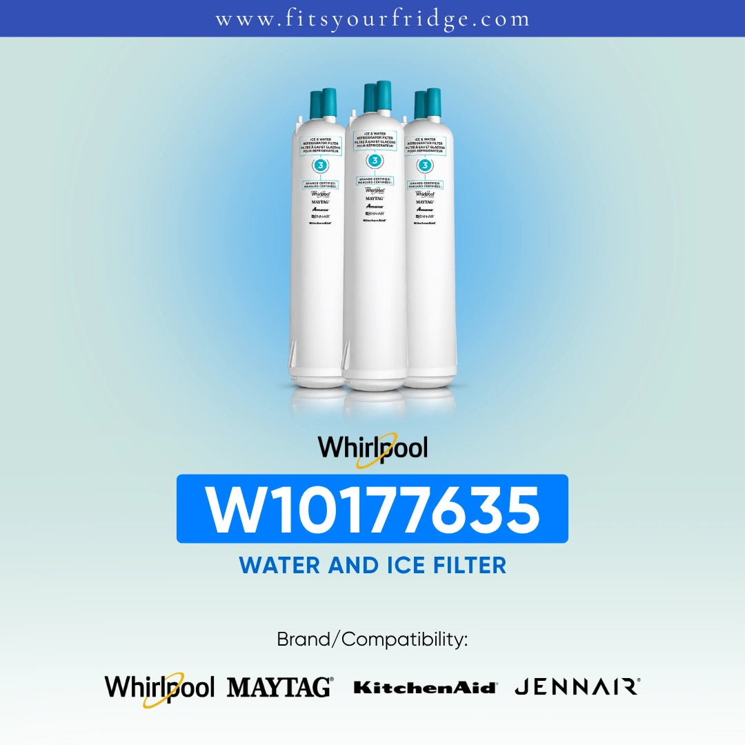 Three white Whirlpool water and ice filter bottles with teal caps are shown on a light blue gradient background, with the model number W10177635 and compatibility logos for Whirlpool, MAYTAG, KitchenAid, and Jennair.