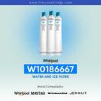 Three white Whirlpool water and ice filter bottles with teal caps are shown on a light blue gradient background, with the model number W10186667 and compatibility logos for Whirlpool, MAYTAG, KitchenAid, and Jennair.