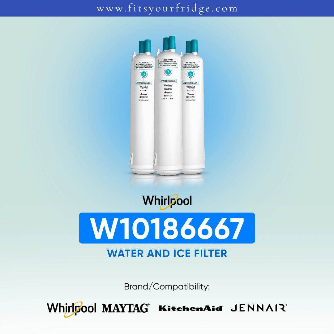 Three white Whirlpool water and ice filter bottles with teal caps are shown on a light blue gradient background, with the model number W10186667 and compatibility logos for Whirlpool, MAYTAG, KitchenAid, and Jennair.