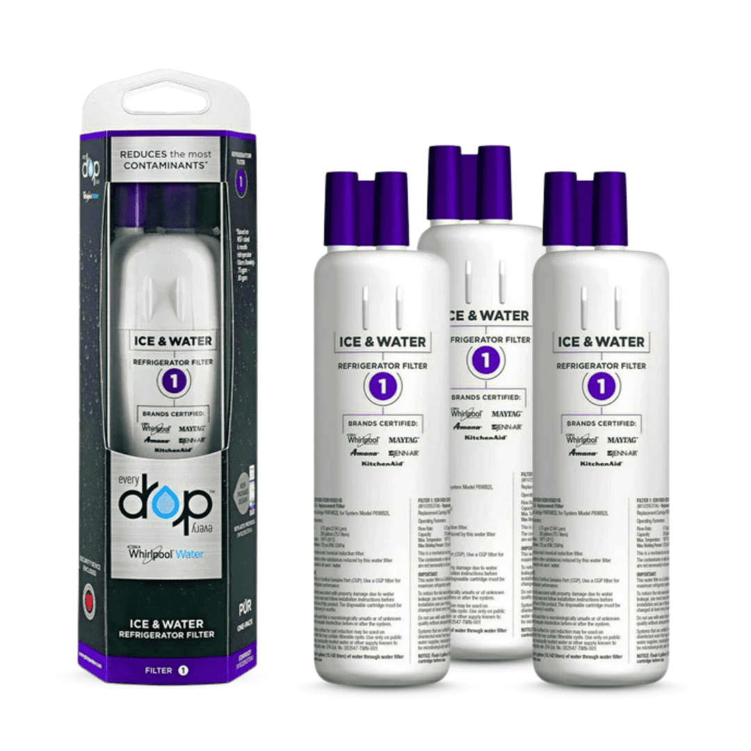 Everydrop Ice and water refrigerator filter 1 packaging with three bottles on a white background