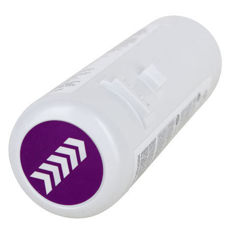 White cylindrical object with a purple circular logo featuring white chevron patterns on a white background