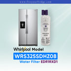 Whirlpool WRS325SDHZ08 side-by-side refrigerator with compatible EveryDrop Filter 1 EDR1RXD1 water filter shown beside the refrigerator, FitsYourFridge compatibility image for replacement refrigerator water filter.