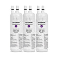 Three white refrigerator water filter cartridges with labels on a white background