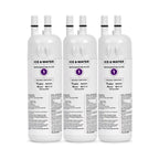 Three white refrigerator water filter cartridges with labels on a white background