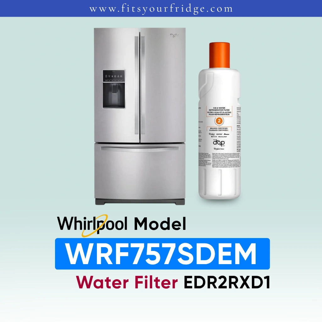 A stainless steel Whirlpool refrigerator shown next to a white water filter bottle with an orange cap. Text below reads 'Whirlpool Model WRF757SDEM Water Filter EDR2RXD1' on a pale blue gradient background.