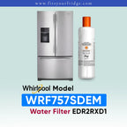 A stainless steel Whirlpool refrigerator shown next to a white water filter bottle with an orange cap. Text below reads 'Whirlpool Model WRF757SDEM Water Filter EDR2RXD1' on a pale blue gradient background.