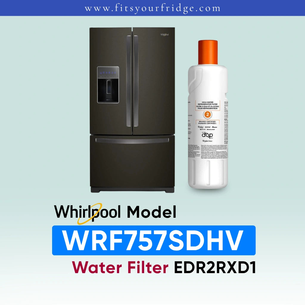 A refrigerator shown next to a white water filter bottle with an orange cap. Text at the bottom reads 'Whirlpool Model WRF757SDHV Water Filter EDR2RXD1' on a pale blue gradient background.
