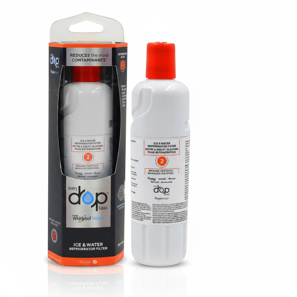 Ice and water refrigerator filter with packaging on a white background