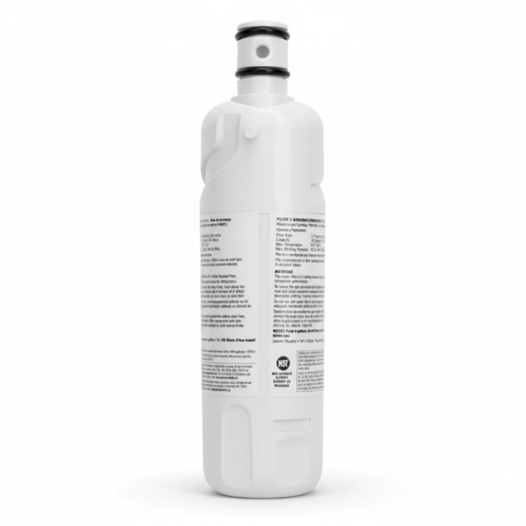 A white plastic water filter cartridge with a black and white threaded cap, shown from the back against a plain white background.