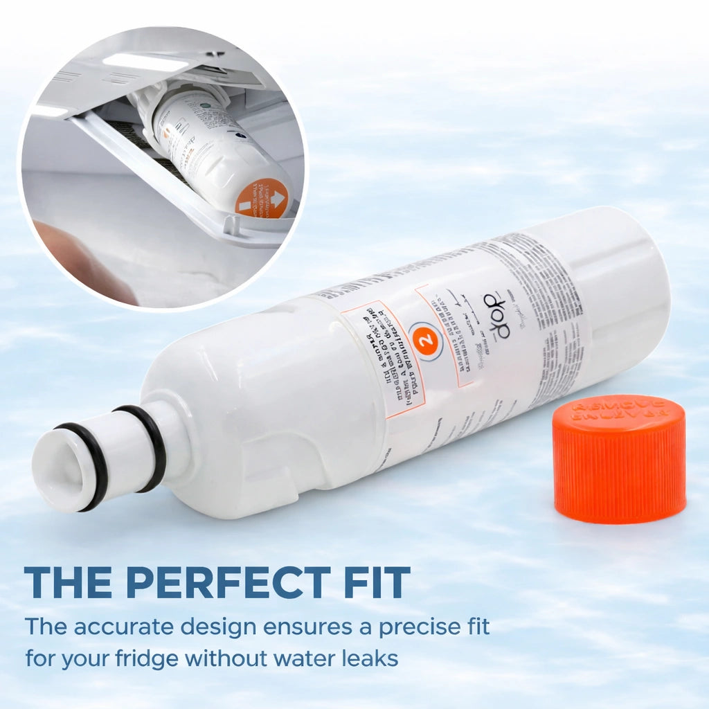 A white refrigerator water filter cartridge with an orange cap, shown on a light blue water-textured background with promotional text and a circular inset showing the filter installed inside a fridge.