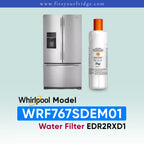Whirlpool French door refrigerator in black stainless steel shown next to an EveryDrop Refrigerator Water Filter 2. Text on the image confirms compatibility: "Whirlpool Model WRF767SDEM01 Water Filter EDR2RXD1", with the website www.fitsyourfridge.com displayed in a blue banner at the top.