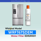 Whirlpool French door refrigerator in black stainless steel shown next to an EveryDrop Refrigerator Water Filter 2. Text on the image confirms compatibility: "Whirlpool Model WRF767SDEM Water Filter EDR2RXD1", with the website www.fitsyourfridge.com displayed in a blue banner at the top.