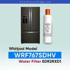 Whirlpool French door refrigerator in black stainless steel shown next to an EveryDrop Refrigerator Water Filter 2. Text on the image confirms compatibility: "Whirlpool Model WRF767SDHV Water Filter EDR2RXD1", with the website www.fitsyourfridge.com displayed in a blue banner at the top.