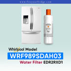 Whirlpool French door refrigerator in black stainless steel shown next to an EveryDrop Refrigerator Water Filter 2. Text on the image confirms compatibility: "Whirlpool Model WRF989SDAH03 Water Filter EDR2RXD1", with the website www.fitsyourfridge.com displayed in a blue banner at the top.