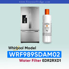 A stainless steel Whirlpool refrigerator shown next to a white water filter bottle with an orange cap on a pale blue gradient background. Text at the bottom reads 'Whirlpool Model WRF989SDAM00 Water Filter EDR2RXD1' and a website URL appears at the top.