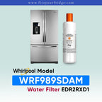 Whirlpool Model WRF989SDAM water filter EDR2RXD1 for a refrigerator, shown alongside a bottle of Dbp water filter replacement. The image features a stainless steel refrigerator and a white bottle with an orange cap on a light blue gradient background with text overlays.