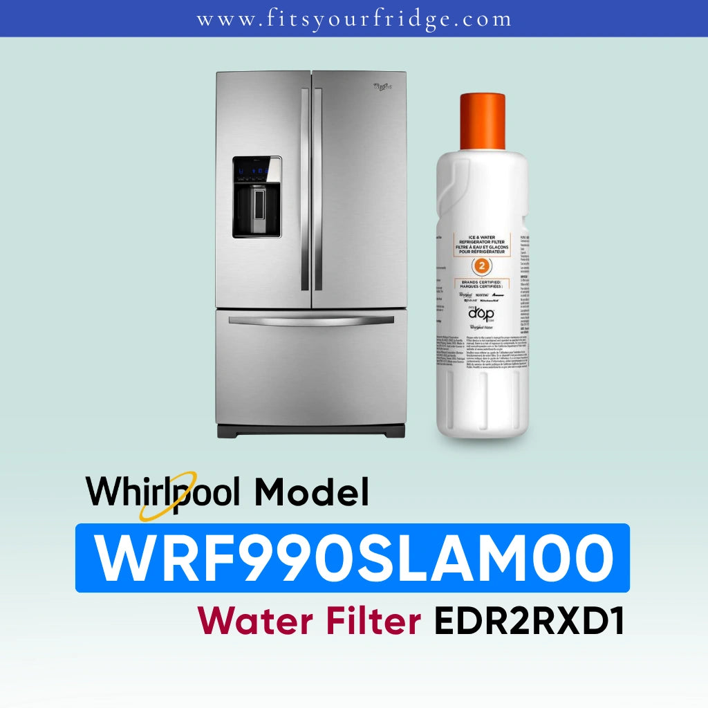 Whirlpool French door refrigerator in black stainless steel shown next to an EveryDrop Refrigerator Water Filter 2. Text on the image confirms compatibility: "Whirlpool Model WRF990SLAM00 Water Filter EDR2RXD1", with the website www.fitsyourfridge.com displayed in a blue banner at the top.