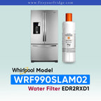 Whirlpool stainless steel refrigerator shown next to a bottle of Whirlpool water filter replacement fluid, with model text 'WRF990SLAM02' and 'Water Filter EDR2RXD1' on a pale blue gradient background.