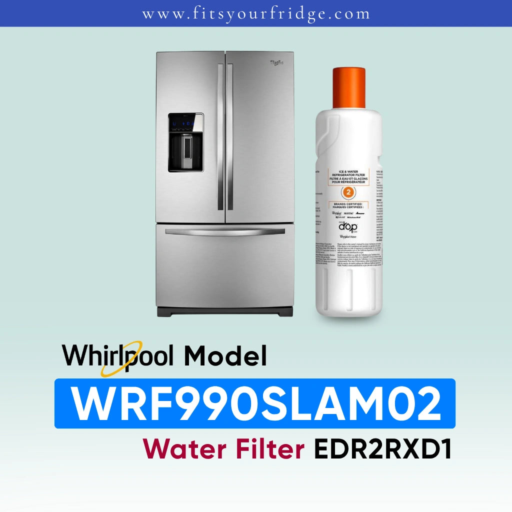 Whirlpool stainless steel refrigerator shown next to a bottle of Whirlpool water filter replacement fluid, with model text 'WRF990SLAM02' and 'Water Filter EDR2RXD1' on a pale blue gradient background.