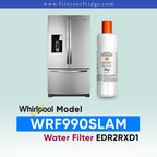 Whirlpool French door refrigerator in black stainless steel shown next to an EveryDrop Refrigerator Water Filter 2. Text on the image confirms compatibility: "Whirlpool Model WRF990SLAM Water Filter EDR2RXD1", with the website www.fitsyourfridge.com displayed in a blue banner at the top.