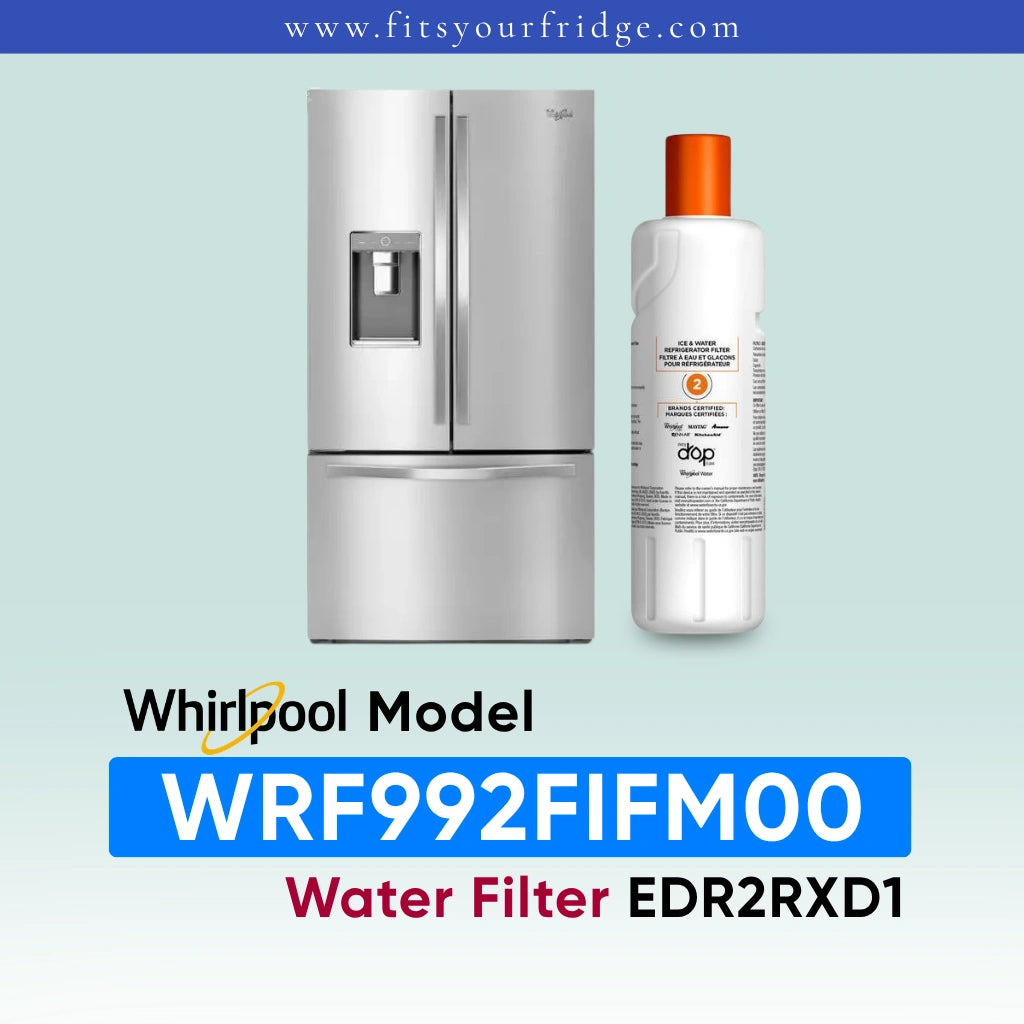 Whirlpool water filter kit for a refrigerator, showing a stainless steel Whirlpool refrigerator and a white bottle of water filter media with an orange cap. Text at the bottom reads 'Whirlpool Model WRF992FIFM00 Water Filter EDR2RXD1'.