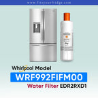 Whirlpool water filter kit for a refrigerator, showing a stainless steel Whirlpool refrigerator and a white bottle of water filter media with an orange cap. Text at the bottom reads 'Whirlpool Model WRF992FIFM00 Water Filter EDR2RXD1'.