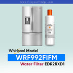 Whirlpool water filter kit for a refrigerator, showing a stainless steel Whirlpool refrigerator and a white bottle of water filter media with an orange cap. Text at the bottom reads 'Whirlpool Model WRF992FIFM Water Filter EDR2RXD1' on a pale blue gradient background.