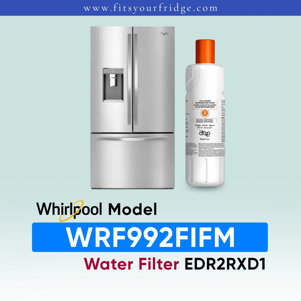 Whirlpool water filter kit for a refrigerator, showing a stainless steel Whirlpool refrigerator and a white bottle of water filter media with an orange cap. Text at the bottom reads 'Whirlpool Model WRF992FIFM Water Filter EDR2RXD1' on a pale blue gradient background.