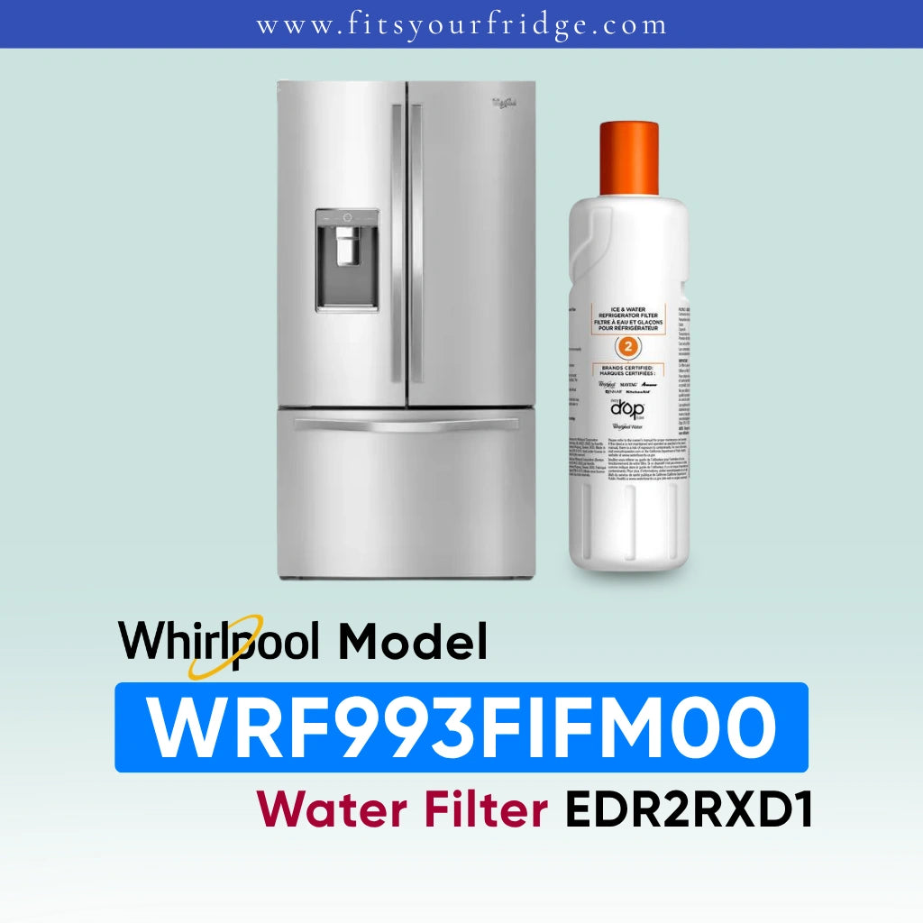 Whirlpool water filter kit for a refrigerator, showing a stainless steel French-door fridge and a white bottle of Whirlpool Water Filter with an orange cap. Text at the bottom reads 'Whirlpool Model WRF993FIFM00 Water Filter EDR2RXD1'.