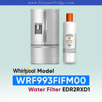 Whirlpool water filter kit for a refrigerator, showing a stainless steel French-door fridge and a white bottle of Whirlpool Water Filter with an orange cap. Text at the bottom reads 'Whirlpool Model WRF993FIFM00 Water Filter EDR2RXD1'.