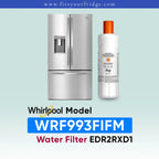 Whirlpool water filter replacement part shown next to a stainless steel refrigerator, with text reading 'Whirlpool Model WRF993FIFM Water Filter EDR2RXD1' on a pale blue gradient background.
