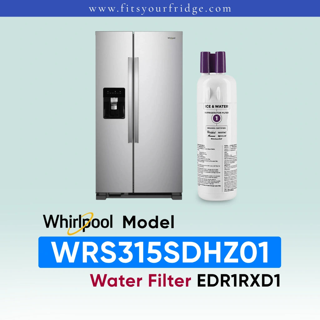 Whirlpool stainless steel side-by-side refrigerator shown next to a white water filter canister with purple caps on a pale blue gradient background, with text reading 'Whirlpool Model WRS315SDHZ01 Water Filter EDR1RXD1' and 'www.fitsyourfridge.
