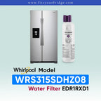 Whirlpool stainless steel side-by-side refrigerator shown next to a white water filter bottle with purple caps on a pale blue gradient background, with text reading 'Whirlpool Model WRS315SDHZ08 Water Filter EDR1RXD1' and 'www.fitsyourfridge.