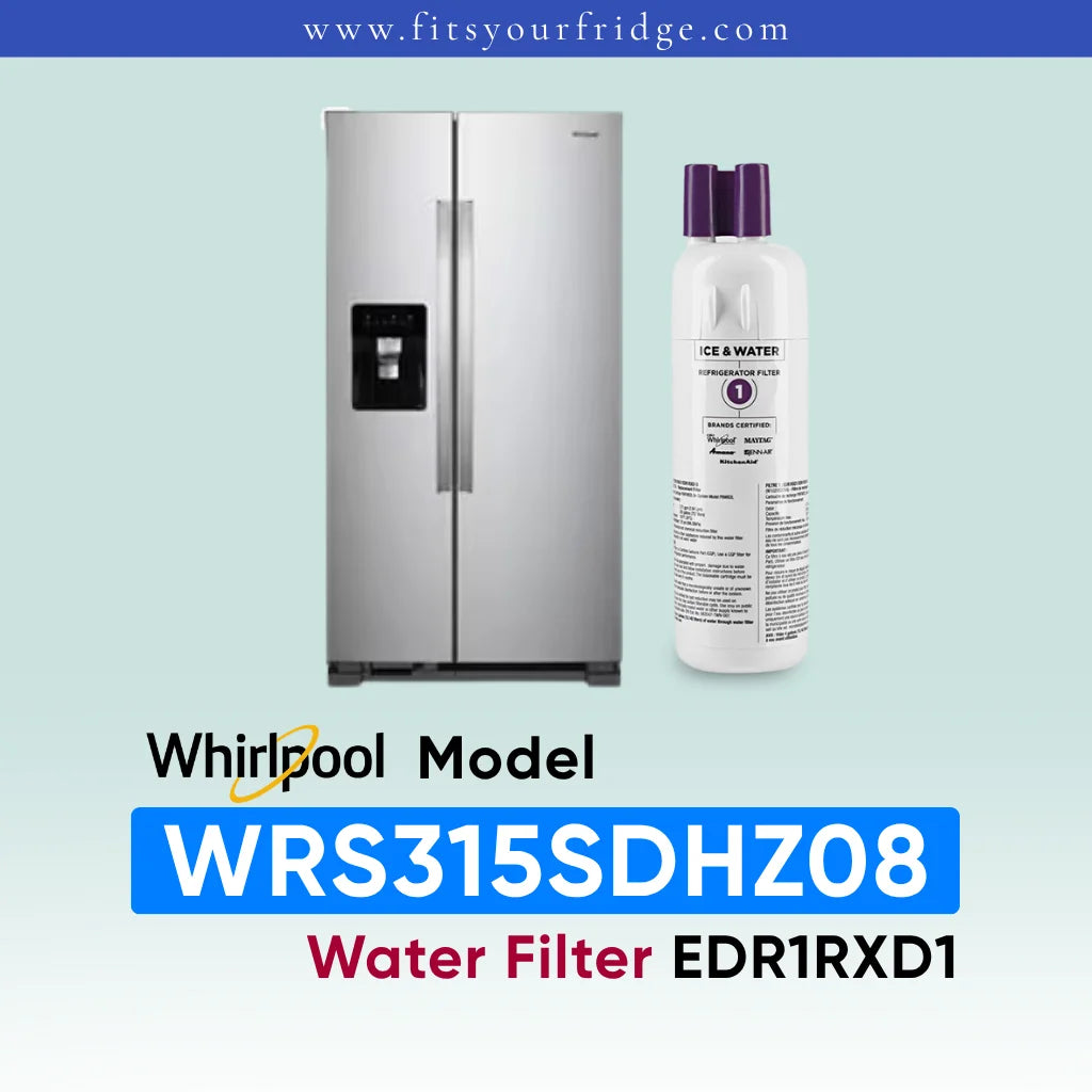 Whirlpool stainless steel side-by-side refrigerator shown next to a white water filter bottle with purple caps on a pale blue gradient background, with text reading 'Whirlpool Model WRS315SDHZ08 Water Filter EDR1RXD1' and 'www.fitsyourfridge.