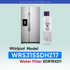 Whirlpool stainless steel side-by-side refrigerator shown next to a white water filter canister with purple caps, on a pale blue gradient background with product text and model number WRS315SDHZ19.