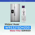 Whirlpool stainless steel refrigerator shown next to a water filter cartridge, with text reading 'Whirlpool Model WRS321SDHZ00 Water Filter EDR1RXD1' on a pale blue gradient background.
