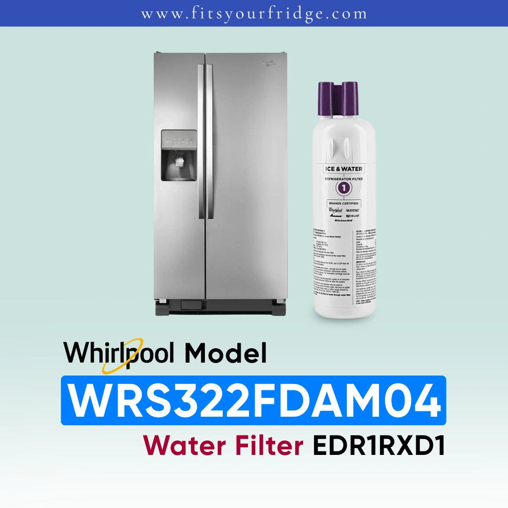 Whirlpool stainless steel side-by-side refrigerator shown next to a white water filter canister with purple caps on a pale blue gradient background, with text reading 'Whirlpool Model WRS322FDAM04 Water Filter EDR1RXD1' and 'www.fitsyourfridge.