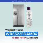 Whirlpool stainless steel side-by-side refrigerator shown next to a white water filter canister with purple caps on a pale blue gradient background, with text reading 'Whirlpool Model WRS322FDAM04 Water Filter EDR1RXD1' and 'www.fitsyourfridge.