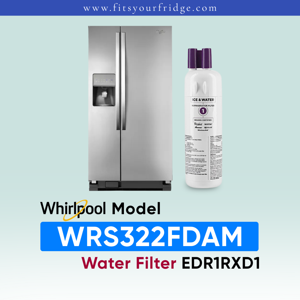Whirlpool Model WRS322FDAM water filter (EDR1RXD1) bottle shown next to a stainless steel side-by-side refrigerator on a light blue gradient background with text overlays.
