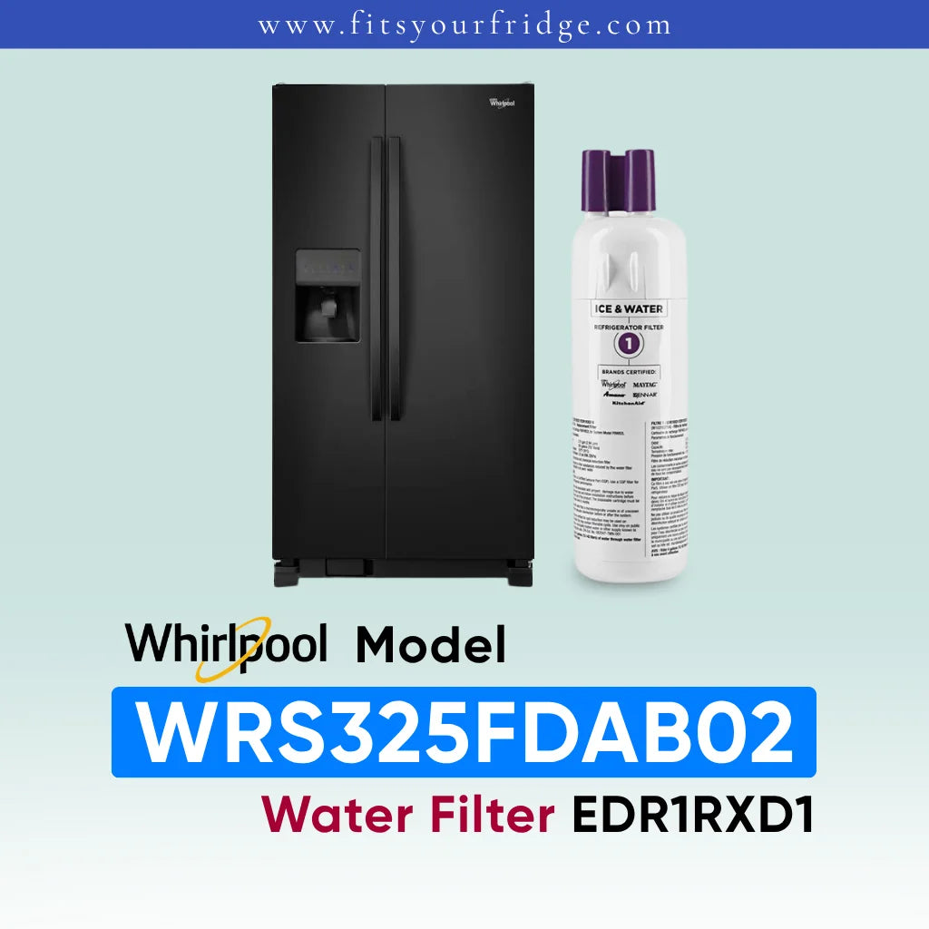 Whirlpool water filter cartridge shown next to a black Whirlpool side-by-side refrigerator, with model number WRS325FDAB02 and text 'Water Filter EDR1RXD1' on a light blue gradient background.