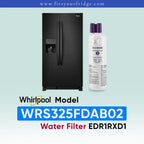 Whirlpool water filter cartridge shown next to a black Whirlpool side-by-side refrigerator, with model number WRS325FDAB02 and text 'Water Filter EDR1RXD1' on a light blue gradient background.