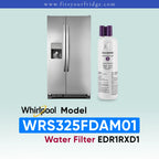 Whirlpool stainless steel refrigerator shown next to a water filter cartridge, with text reading 'Whirlpool Model WRS325FDAM01 Water Filter EDR1RXD1' on a pale blue gradient background.