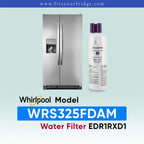 Whirlpool stainless steel refrigerator shown next to a water filter cartridge, with text reading 'Whirlpool Model WRS325FDAM Water Filter EDR1RXD1' on a pale blue gradient background.