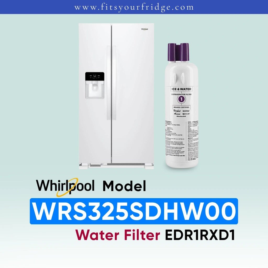 Whirlpool stainless steel refrigerator shown next to a water filter cartridge, with text reading 'Whirlpool Model WRS325SDHW00 Water Filter EDR1RXD1' on a pale blue gradient background.
