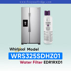 A stainless steel Whirlpool refrigerator shown next to a white water filter bottle with purple caps. Text at the bottom reads 'Whirlpool Model WRS325SDHZ01 Water Filter EDR1RXD1' on a pale blue gradient background.