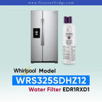 Whirlpool stainless steel refrigerator shown next to a water filter cartridge, with text reading 'Whirlpool Model WRS325SDHZ12 Water Filter EDR1RXD1' on a pale blue gradient background.