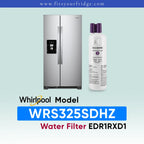 Whirlpool stainless steel refrigerator shown next to a water filter cartridge, with text reading 'Whirlpool Model WRS325SDHZ Water Filter EDR1RXD1' on a pale blue gradient background.