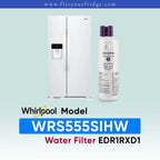 Whirlpool stainless steel refrigerator shown next to a water filter cartridge, with text reading 'Whirlpool Model WRS555SIHW Water Filter EDR1RXD1' on a pale blue gradient background.