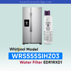 Whirlpool stainless steel refrigerator shown next to a water filter cartridge, with text reading 'Whirlpool Model WRS555SIHZ03 Water Filter EDR1RXD1' on a pale blue gradient background.